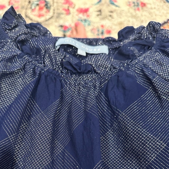 HILL HOUSE KATHERINE NAP CHECK BLUE SHORT SLEEVE METALLIC THREAD TUNIC DRESS - Picture 7 of 10